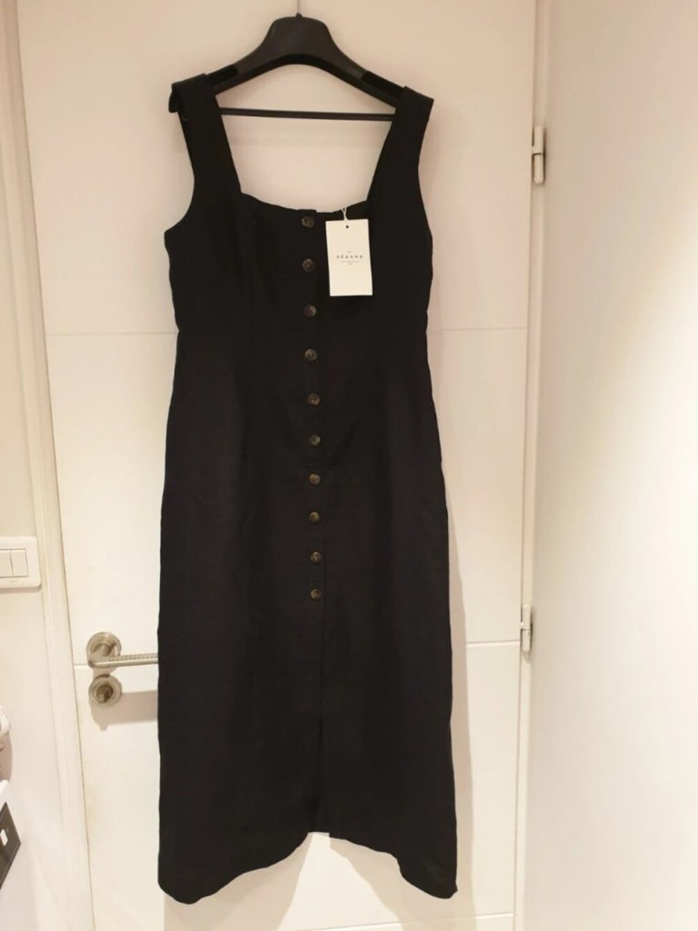 Sezane Linen Button Front Midi Dress Black Size L (FR 40 / US 8)